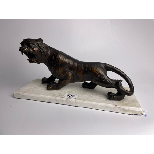 420 - Magnificent Chinese bronze, roaring tiger on white marble base Base L35cm H18cm