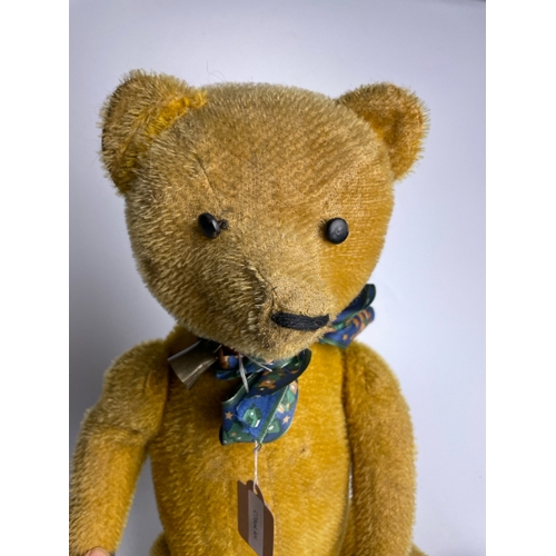 432 - Vintage /antique tall fuzzy mohair teddy bear, hundred back, stitched nose, replaced pads, promises ... 