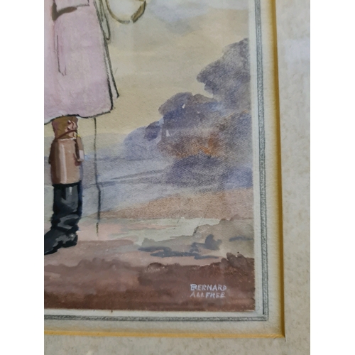 469 - Framed watercolour painting of a huntsman signed Bernard Allfree’. Measuring approx 35.5cm high and ... 