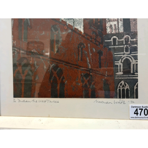 470 - Limited edition screen print of the West Towers in Durham by Norman Wade. Measuring approx 38.5cm hi... 