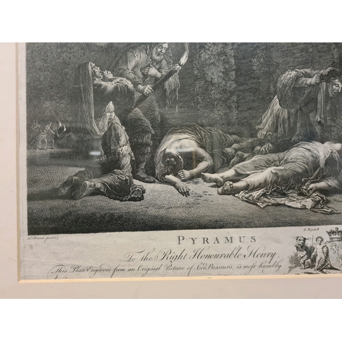 478 - Framed engraving plate print entitled ‘Pyramus and Thisbe’ from a painting by Leon Bramers, engraved... 