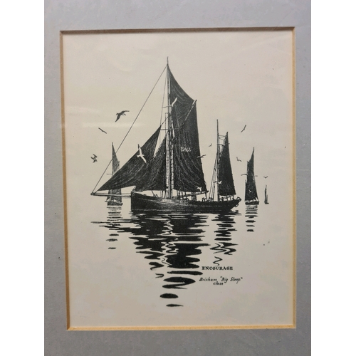 480 - Four framed sailing boat / ship prints - ‘Encourage, Buchanan Big Sloop Class’, ‘Abraham of Exeter, ... 