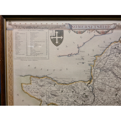 483 - Framed print of 1836 Somersetshire map after Tomas Moule. Measuring approx 43cm high and 53cm wide.