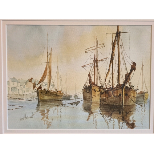 486 - Watercolour painting of moored wooden sailing / fishing boats by Ian Hudson. Measuring approx 47.5cm... 