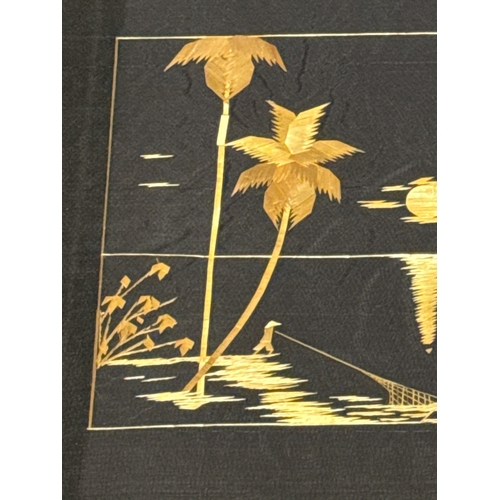 491 - Eastern / Asian straw on black material artworks of farming and fishing scenes. Both measuring appro... 