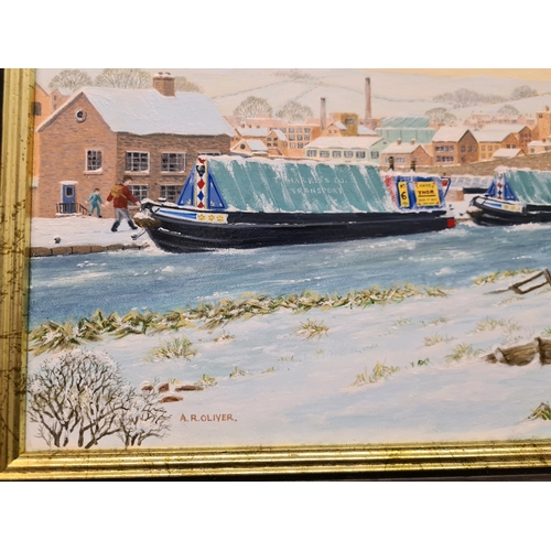 492 - Acrylic on canvas framed painting entitled ‘Sunrise over a Frozen Canal’ by A.R.Oliver. Measuring ap... 