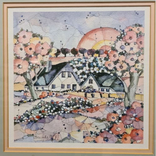 493 - Framed textured print of a colourful cottage and garden scene. Measuring approx 38.5cm high and 38.5... 