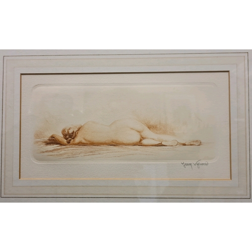 494 - Framed etching of a reclining female nude figure by French artist Jean Auguste Vyboud (1872-1944). M... 