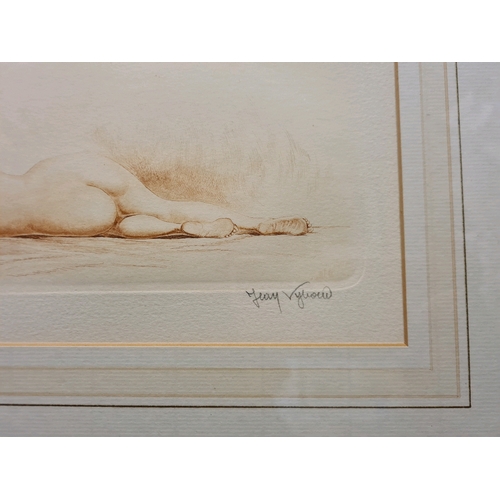 494 - Framed etching of a reclining female nude figure by French artist Jean Auguste Vyboud (1872-1944). M... 