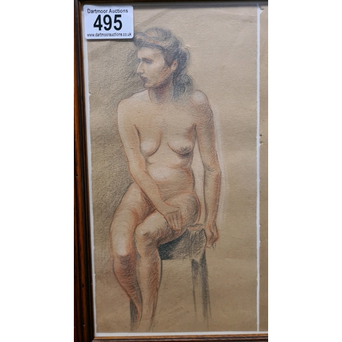 495 - Two framed pencil drawings of female nude figures. Measuring approx 33.5cm high and 35cm wide.