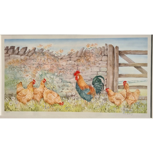 497 - Framed limited edition signed print of a cockerel and chickens by Ann Blockley. Measuring approx 40.... 