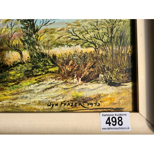 498 - Oil on board painting of a countryside and cornfield scene, signed Wyn Frazer. Measuring approx 40cm... 