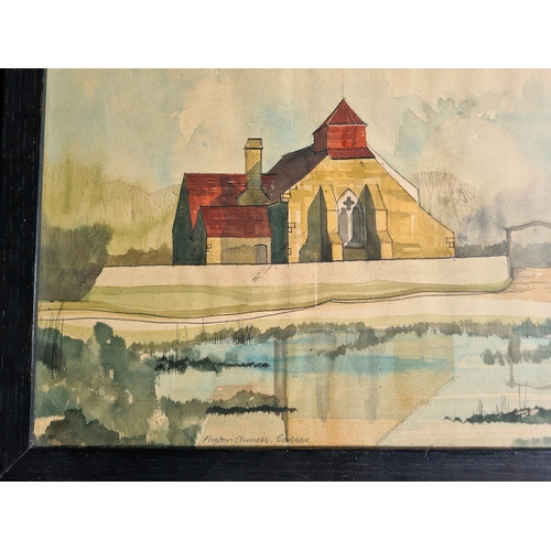 499 - Framed watercolour painting of Fristo. Church, Sussex. Signed Anthony J. Sherwin. Measuring approx 3... 