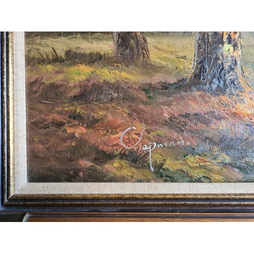 500 - Framed oil on canvas painting of a wooden stream, signed ‘Chapman’. Measuring approx 73cm high and 1... 