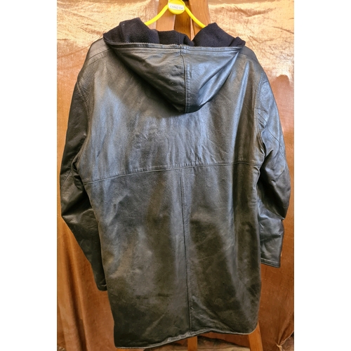 517 - Fleece lined reversible leather jacket with hood. Unknown maker, large size.