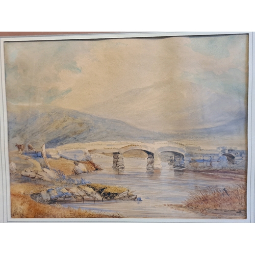 538 - Framed watercolour of cows by a stone bridge over a river in a moorland setting by Samuel Prout, dat... 