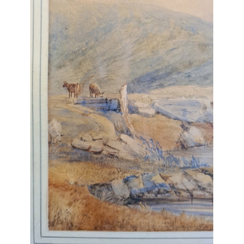 538 - Framed watercolour of cows by a stone bridge over a river in a moorland setting by Samuel Prout, dat... 