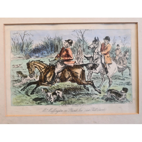 539 - Pair of antique 19th Century etching prints of hunting scenes by John Leech. Both measuring approx 2... 