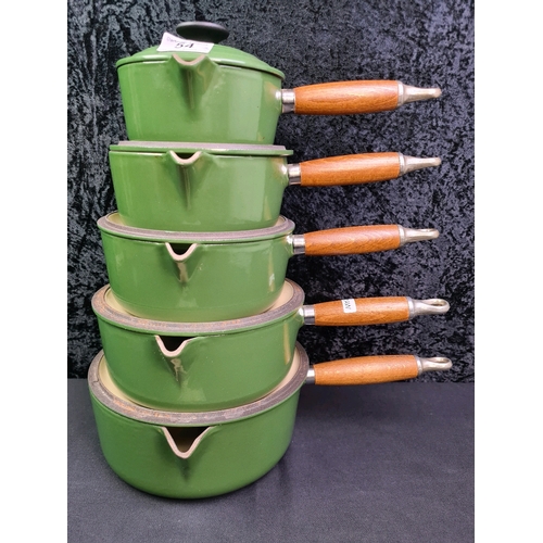 54 - Le Creuset Artichaut green set of five saucepans with lids, very good condition