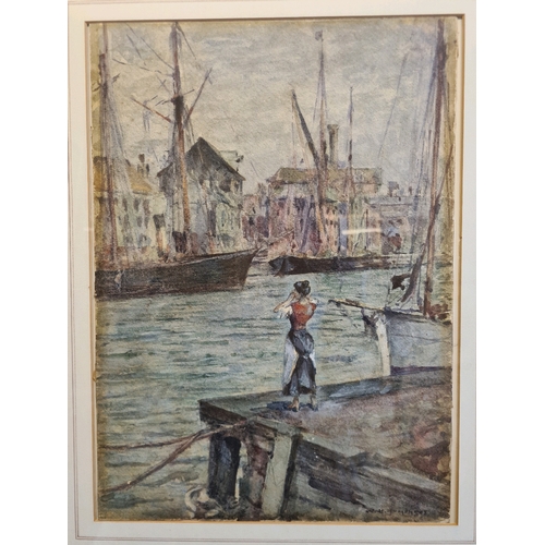 544 - Framed watercolour of lady by the dockside at Poole Harbour with moored sailing ships by William H H... 