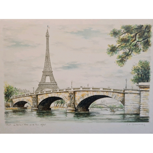 545a - Three framed prints of pen and ink drawings of Paris including the Eiffel Tower and Notre Dame. All ... 