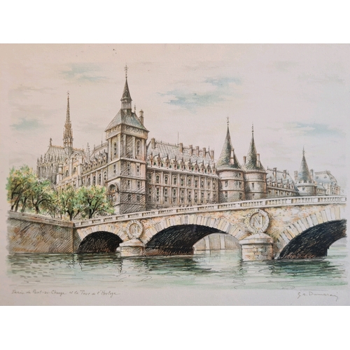 545a - Three framed prints of pen and ink drawings of Paris including the Eiffel Tower and Notre Dame. All ... 