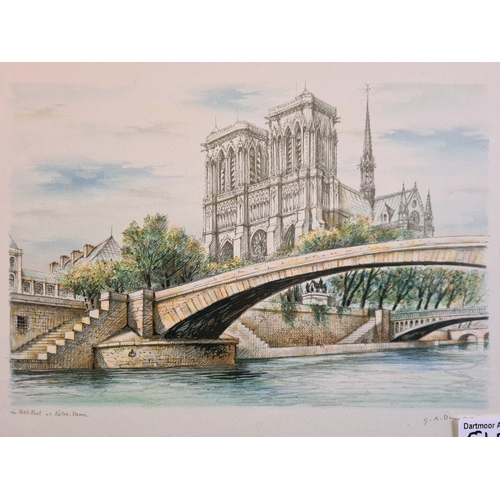 545a - Three framed prints of pen and ink drawings of Paris including the Eiffel Tower and Notre Dame. All ... 