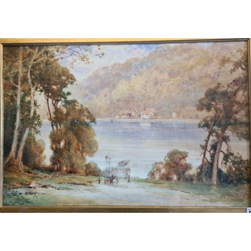 546 - Watercolour painting of woodland lakeside scene with horses, cart and ferry on the water by Reginald... 