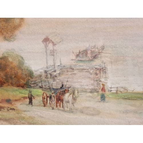 546 - Watercolour painting of woodland lakeside scene with horses, cart and ferry on the water by Reginald... 