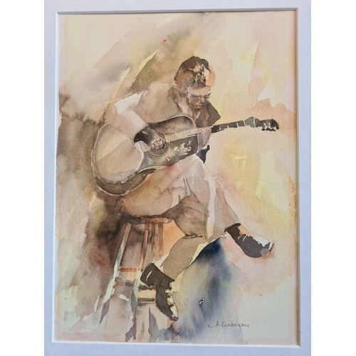 547 - Framed watercolour painting of a seated classical / acoustic guitarist, Indistinctly signed. Measuri... 