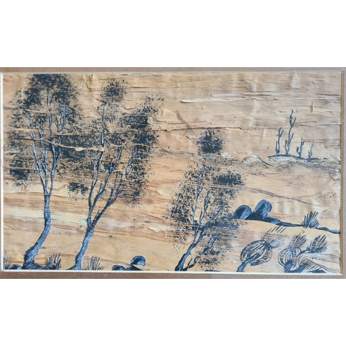 552 - Australian Aboriginal style bark painting of a bush scene. Measuring approx 36cm high by 50cm wide.