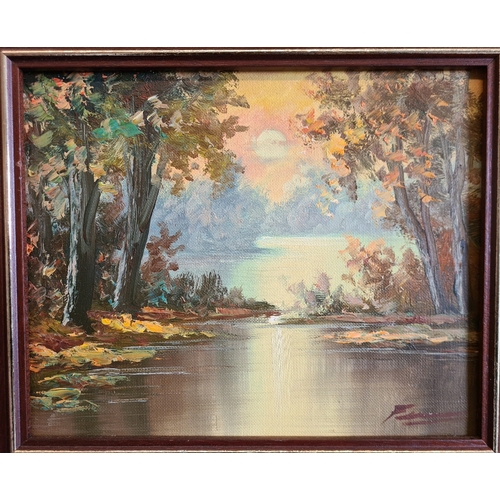 577 - Two framed oil on canvas woodland river scenes, Indistinctly signed. Both measuring approx 30cm high... 