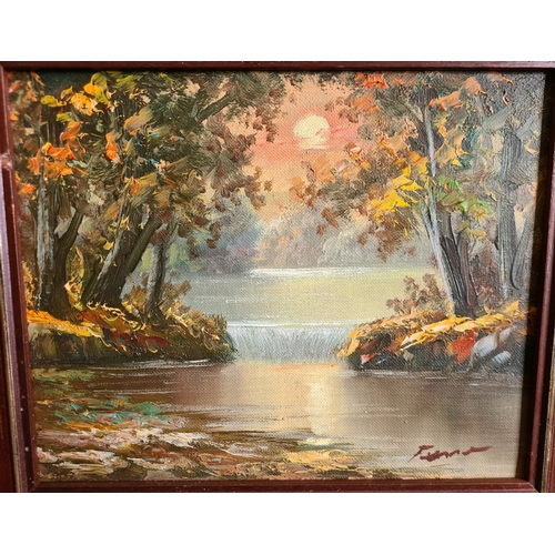 577 - Two framed oil on canvas woodland river scenes, Indistinctly signed. Both measuring approx 30cm high... 