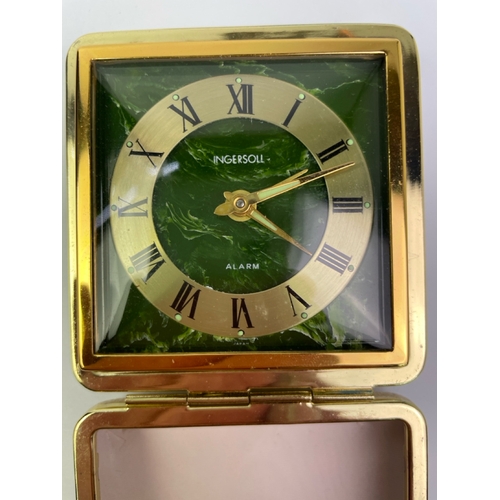 633 - A  vintage travelling Ingersoll Alarm Clock, gold on green marble effect face, with original box