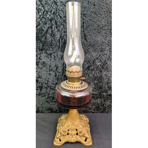 64 - Brass oil lamp with glass body and funnel, 53cm tall (including funnel)