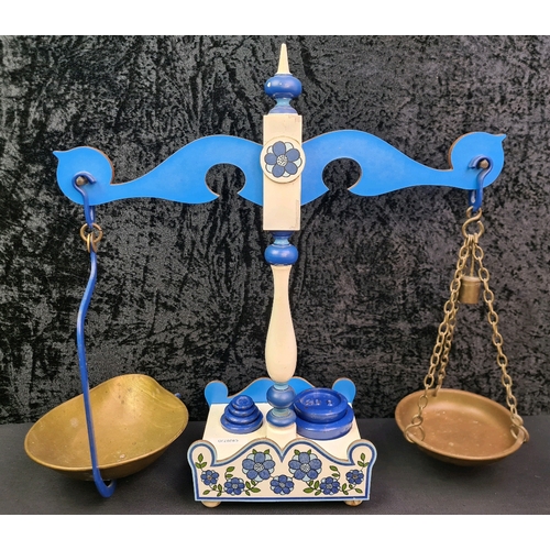 67 - Wooden weighing scales with brass dishes painted weights, 43cm tall