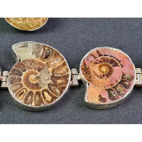 677 - Completely fabulous silver ammonite fossil bracelet and ring set Ring Size 11