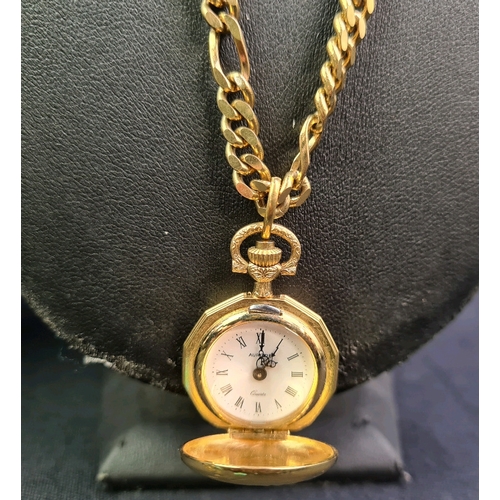 684 - Pretty Aurora quartz gold coloured pocket watch on 'Monet' chain, a yellow metal bar  pin with a cen... 