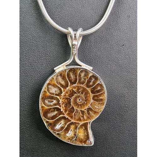 685 - Superb set of a silver 925 marked necklace with silver encased ammonite fossil together with matchin... 