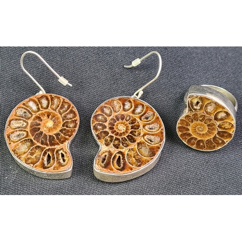 685 - Superb set of a silver 925 marked necklace with silver encased ammonite fossil together with matchin... 