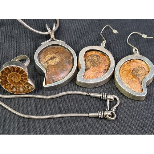 685 - Superb set of a silver 925 marked necklace with silver encased ammonite fossil together with matchin... 