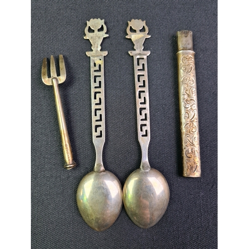 687 - Pair of Cretian 800 marked collector's teaspoons with a silver part, engraved canister and a silver ... 