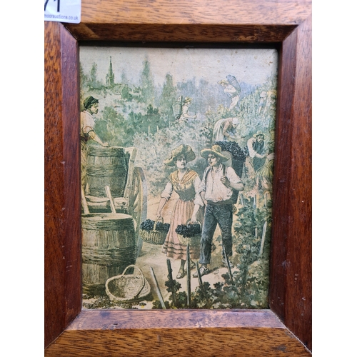 71 - Wooden wine box with front and rear pictures depicting the harvesting of grapes, 28cm x 22.5cm x 20c... 