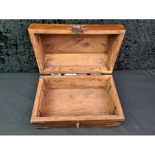 72 - Wooden domed pirate’s chest style storage box with metal fittings, approx 17cm x 29cm x 18cm