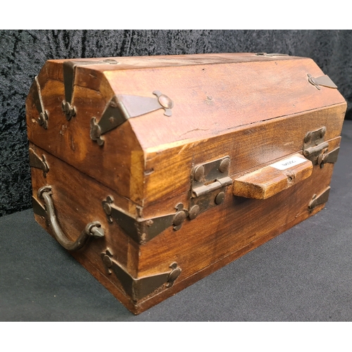 72 - Wooden domed pirate’s chest style storage box with metal fittings, approx 17cm x 29cm x 18cm