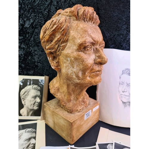 722 - Plaster bust of renowned Homeopath Dorothy Shepherd by R. Fran Sutton with copy of original drawing ... 