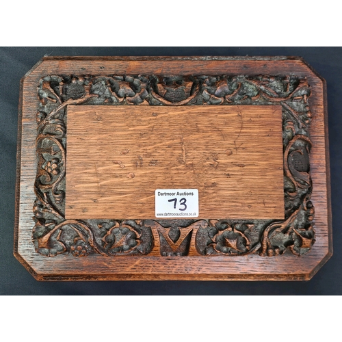 73 - Beautifully carved oak wooden storage / jewellery box with mirror fitted inside lid, measures approx... 