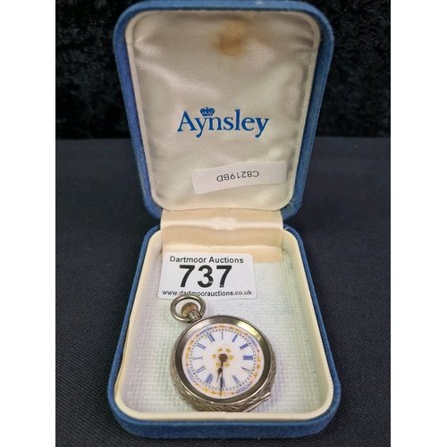 737 - Pretty lady’s hallmarked silver pendant watch with enamel face. No glass, not working. Date unclear.... 