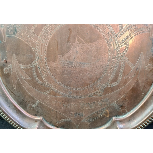 74 - Decorative copper plate with HMS Victory design and ‘Centenary Momento’ 1805-1905 inscription, 30cm ... 