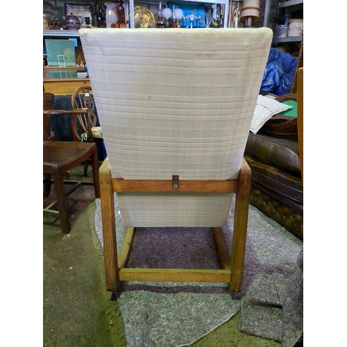 918 - Mid century, possibly Scandinavian, designer oak rocking chair with linen upholstery to seat and bac... 